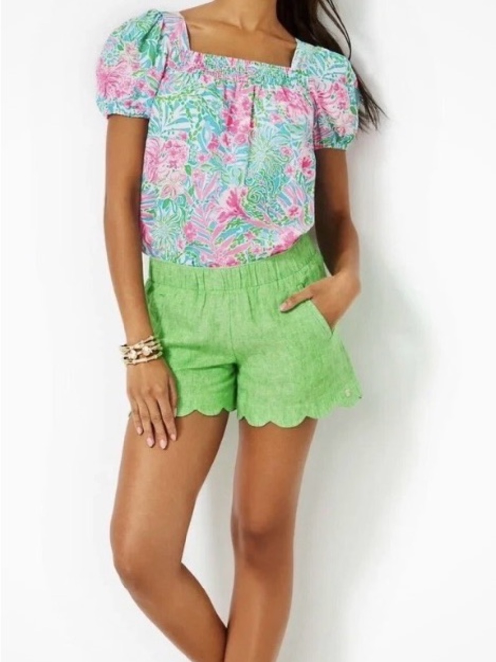 Lilly Pulitzer Brea Linen Scallop Short in Gecko Green Sz S